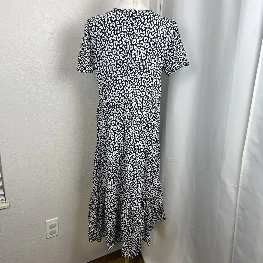 J Crew Midi Dress Womens Medium Blue White Leopard Print Puff Sleeve Tiered Boho